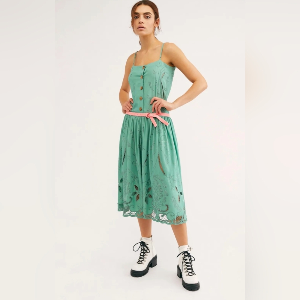 Free People Georgie Embroidered Aqua Strappy Midi Dress S NWT